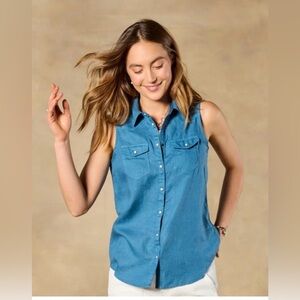 Sundance Blue Willow Linen Sleeveless Button Down Shirt S
